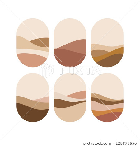 Minimalist abstract art depicting earthy color landscapes in rounded shapes for modern home decor and inspiration 129879650