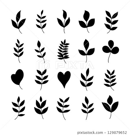 Black leaf silhouettes arranged in a grid pattern showcasing various shapes and forms for decorative purposes 129879652