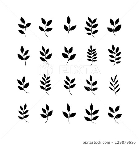 Black leaf patterns arranged in a grid design suitable for background art or fabric prints. 129879656