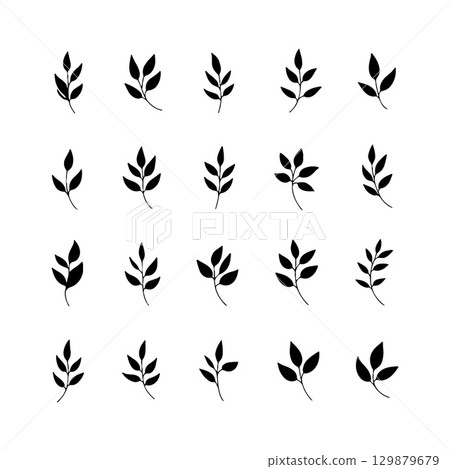 Repeated patterns of black leaves on a white background create a modern and minimalistic design suitable for various applications Repeated patterns of black leaves on a white background create a modern and minimalistic design suitable for various applications 129879679