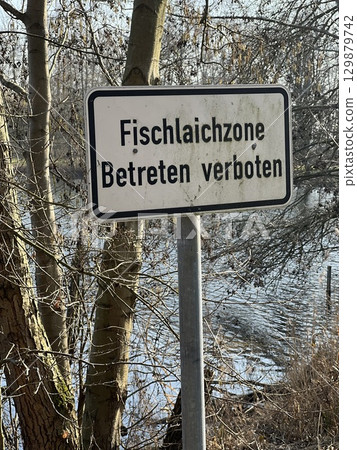 A sign reading "Fish spawning area. No entry" near the town of Herstel, Germany A sign reading "Fish spawning area. No entry" near the town of Herstel, Germany 129879742