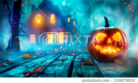 Halloween scary pumpkin on the background of the evening house. Halloween background.  129879859