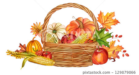 Festive autumn decor of pumpkins, flowers, apples, leaves on white background. Autumn composition. Thanksgiving concept 129879866