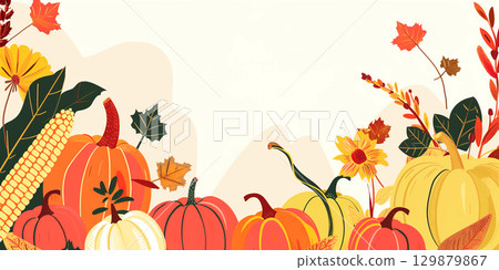 Festive autumn decor of pumpkins, flowers, leaves on white background. Autumn composition. Thanksgiving concept. Banner 129879867