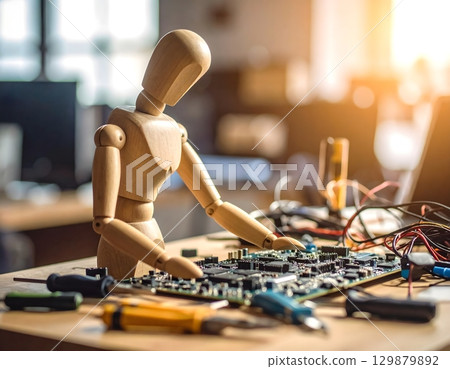 A doll attempts to repair an electronic circuit 129879892