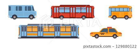 Bus, Taxi and Tram as Passenger City Transport Vector Set Bus, Taxi and Tram as Passenger City Transport Vector Set 129880122