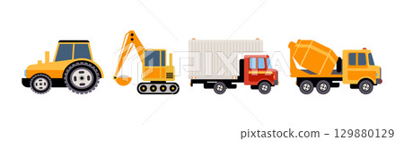 Construction Machinery and Heavy Equipment for Industrial Work Vector Set 129880129