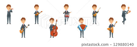 Man in Suit Playing Musical Instrument on Stage Vector Set Man in Suit Playing Musical Instrument on Stage Vector Set 129880140