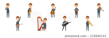 Man in Suit Playing Musical Instrument on Stage Vector Set 129880141