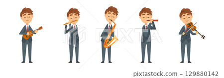 Man in Suit Playing Musical Instrument on Stage Vector Set Man in Suit Playing Musical Instrument on Stage Vector Set 129880142