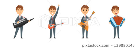 Man in Suit Playing Musical Instrument on Stage Vector Set Man in Suit Playing Musical Instrument on Stage Vector Set 129880143