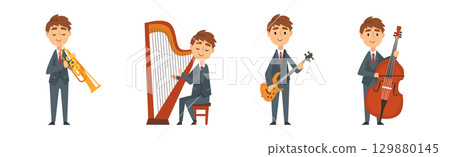 Man in Suit Playing Musical Instrument on Stage Vector Set Man in Suit Playing Musical Instrument on Stage Vector Set 129880145