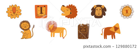 Funny Lion with Pretty Muzzle and Mane Vector Set 129880172