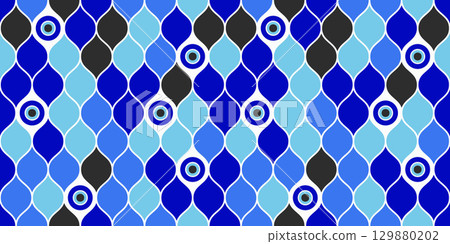 Evil eye seamless pattern. Traditional blue bead in Greece and Turkey. Vector magic background with ethnic nazar - symbol of protection and luck. Ornament with energy amulet and spiritual talisman Evil eye seamless pattern. Traditional blue bead in Greece and Turkey. Vector magic background with ethnic nazar - symbol of protection and luck. Ornament with energy amulet and spiritual talisman 129880202