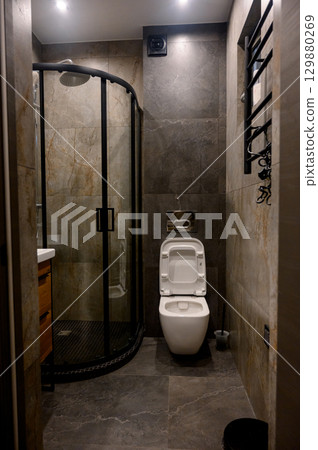 Modern bathroom with shower and toilet 129880269