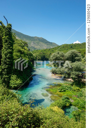 Turquoise and green water of river of Blue Eye Nature Monument near to Saranda, Albania 129880423