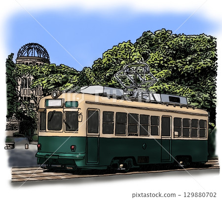 鋼筆畫插圖:一輛穿越城市的電車 鋼筆畫插圖:一輛穿越城市的電車 129880702