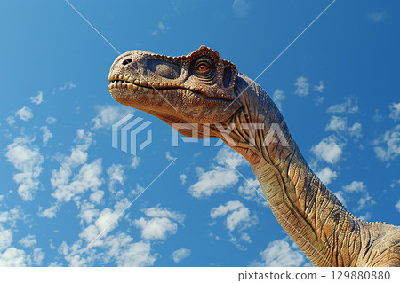 CG illustration of a dinosaur's upper body against the blue sky CG illustration of a dinosaur's upper body against the blue sky 129880880