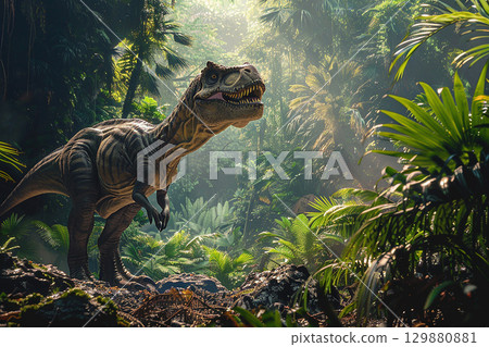 Illustration of dinosaurs and leaves in green jungle Illustration of dinosaurs and leaves in green jungle 129880881