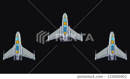 Pixel art vector set of spaceship tilt poses - left, center, and right. Perfect for arcade games, shoot em ups, and sci-fi projects. Pixel art vector set of spaceship tilt poses - left, center, and right. Perfect for arcade games, shoot em ups, and sci-fi projects. 129880902