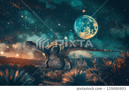 夜空和月亮照亮的恐龍插圖 129880903