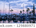 Palm trees and a yacht harbor bathed in the sunset 129880971