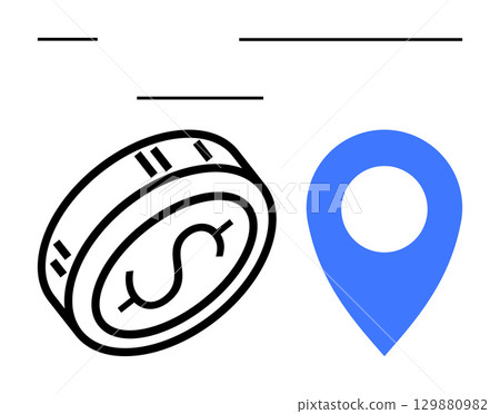 Blue location pin with coin displaying dollar symbol. Ideal for navigation, finance, travel, technology, business strategies, location services, mobile applications. Line metaphor Blue location pin with coin displaying dollar symbol. Ideal for navigation, finance, travel, technology, business strategies, location services, mobile applications. Line metaphor 129880982