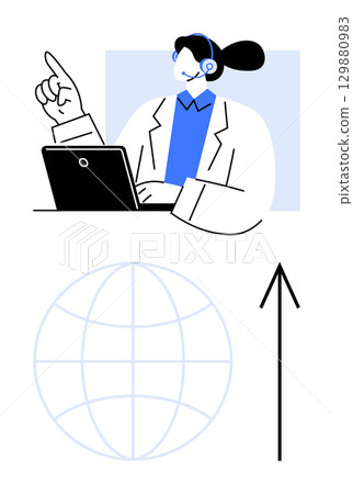 Customer service agent wearing headset raises a finger while using laptop, with globe and upward arrow symbolizing global reach and progress. Ideal for customer support, helplines, global assistance Customer service agent wearing headset raises a finger while using laptop, with globe and upward arrow symbolizing global reach and progress. Ideal for customer support, helplines, global assistance 129880983