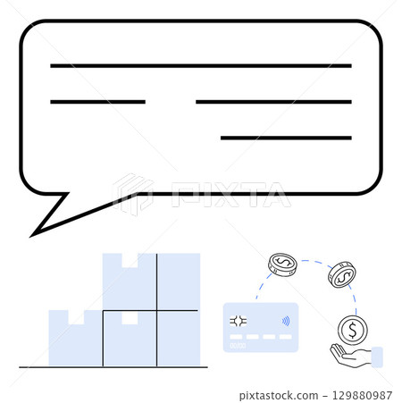 Speech bubble above stacked boxes, card with wireless symbol, coins moving into hand. Ideal for e-commerce, logistics, payment processing, delivery services, online retail, shipping business Speech bubble above stacked boxes, card with wireless symbol, coins moving into hand. Ideal for e-commerce, logistics, payment processing, delivery services, online retail, shipping business 129880987