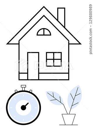 House with windows and chimney stopwatch displaying time, and potted plant with leaves. Ideal for themes of home, time, growth, stability, planning, and nature. Line metaphor 129880989