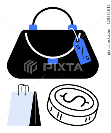 Elegant handbag with a sale tag, a shopping bag, and a coin symbolizing savings and retail enjoyment. Ideal for shopping, sales, fashion, retail therapy, discounts, promotions and consumerism 129881018