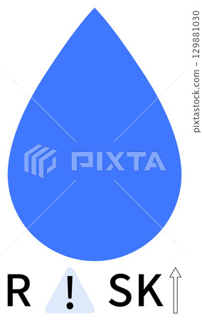 Large blue water droplet above RISK text with an exclamation mark inside a warning triangle. Ideal for environmental concerns, safety warnings, strategic management, compliance, finance, insurance 129881030