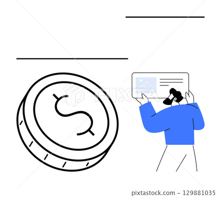 Businessman presenting financial data on a tablet with large dollar coin representing currency. Ideal for finance, presentations, economy, savings, investments, business strategies, corporate Businessman presenting financial data on a tablet with large dollar coin representing currency. Ideal for finance, presentations, economy, savings, investments, business strategies, corporate 129881035