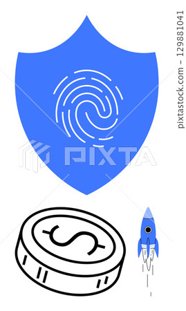 Blue shield with fingerprint, black coin with dollar sign, blue rocket. Ideal for finance, cybersecurity, digital currency, fintech, technology online transactions investment concepts. Line 129881041