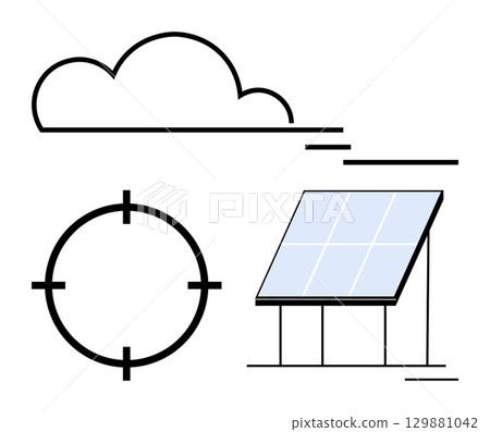 Cloud and solar panel signify renewable energy, with a target for accuracy and focus. Ideal for environmental themes, green energy, precision, technology, innovation, clean power. Line metaphor Cloud and solar panel signify renewable energy, with a target for accuracy and focus. Ideal for environmental themes, green energy, precision, technology, innovation, clean power. Line metaphor 129881042