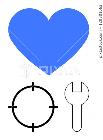 Blue heart, black target reticle, and wrench icons convey themes of love, precision, and repair. Ideal for relationships, technical work, self-improvement, healthcare goals maintenance Blue heart, black target reticle, and wrench icons convey themes of love, precision, and repair. Ideal for relationships, technical work, self-improvement, healthcare goals maintenance 129881062