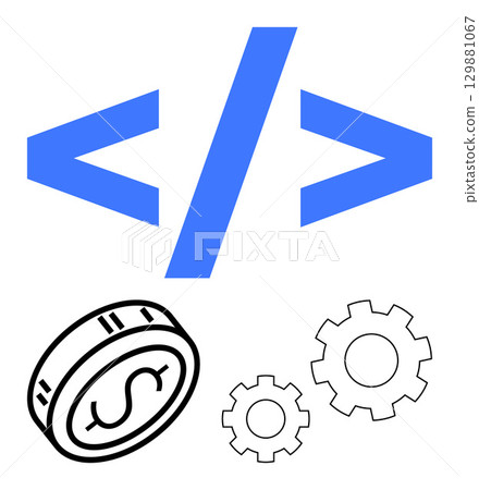 Blue coding brackets above a dollar coin and three gears. Ideal for fintech, coding, technology, innovation, app development, financial services, and engineering. Line metaphor 129881067