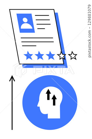 Resume with stars silhouette head with upward arrows upward arrow. Ideal for career growth, skill enhancement, personal development, motivation, job search, performance evaluation, progress. Line Resume with stars silhouette head with upward arrows upward arrow. Ideal for career growth, skill enhancement, personal development, motivation, job search, performance evaluation, progress. Line 129881079