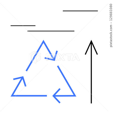 Circular blue recycle arrows and black upward arrow conveying sustainability and growth. Ideal for environmental, growth concepts, eco-friendly practices, progress themes, recycling, development 129881080