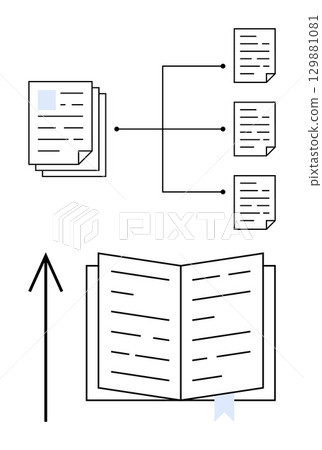 Flowchart of document organization with multiple documents branching into an open book. Ideal for presentations, education, project management, data organization, process explanation, research 129881081