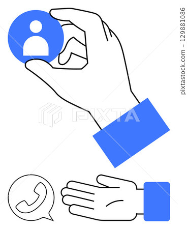 Hand holding contact icon, phone symbol, and open palm. Ideal for contact, communication, support, help, assistance customer service connection concepts. Line metaphor Hand holding contact icon, phone symbol, and open palm. Ideal for contact, communication, support, help, assistance customer service connection concepts. Line metaphor 129881086