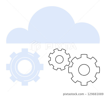 Three interlocking gears beneath a cloud. Ideal for cloud technology, data synchronization, online storage, system integration, automation, IT infrastructure, network operations. Line metaphor Three interlocking gears beneath a cloud. Ideal for cloud technology, data synchronization, online storage, system integration, automation, IT infrastructure, network operations. Line metaphor 129881089