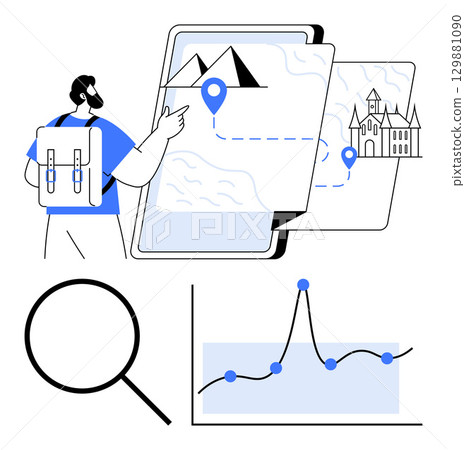 Backpacker examines digital maps with location icons and landmarks chart graph magnifying glass. Ideal for travel, exploration, data analysis, navigation, adventure, discovery, research. Line 129881090