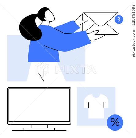 Woman holding large envelope with new message notifications. Computer monitor and a t-shirt icon with a percent sign. Ideal for emails, notifications, shopping, retail, marketing, online businesses Woman holding large envelope with new message notifications. Computer monitor and a t-shirt icon with a percent sign. Ideal for emails, notifications, shopping, retail, marketing, online businesses 129881098