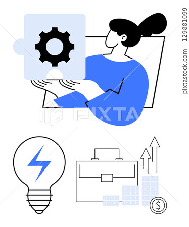 Businesswoman holding a gear puzzle piece, light bulb with lightning bolt, briefcase, and financial growth icons. Ideal for business solutions, innovation, teamwork, strategy, career development Businesswoman holding a gear puzzle piece, light bulb with lightning bolt, briefcase, and financial growth icons. Ideal for business solutions, innovation, teamwork, strategy, career development 129881099