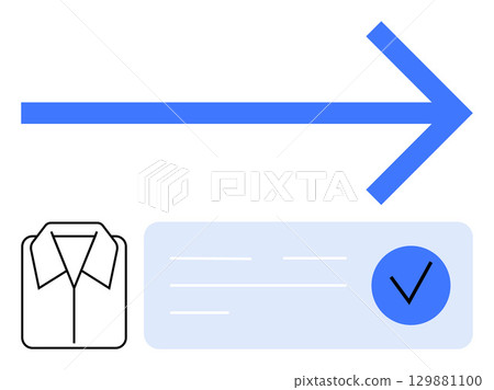 Blue arrow pointing right, shirt icon, and task completion checkmark. Ideal for workflow, project management, task completion, productivity, efficiency, business process and organization themes 129881100
