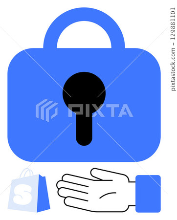 Large blue padlock with black keyhole, white hand with blue sleeve, small shopping bag. Ideal for online shopping, privacy, protection, e-commerce, cybersecurity trust consumer safety. Line Large blue padlock with black keyhole, white hand with blue sleeve, small shopping bag. Ideal for online shopping, privacy, protection, e-commerce, cybersecurity trust consumer safety. Line 129881101