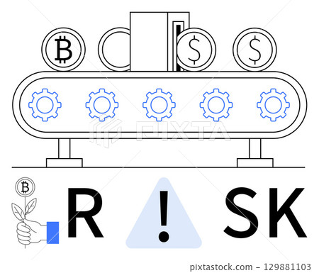 Financial conveyor belt with bitcoin and dollar symbols, risk warning sign. Ideal for finance, cryptocurrency, investment, economics, risk management, automation digital transactions. Line metaphor Financial conveyor belt with bitcoin and dollar symbols, risk warning sign. Ideal for finance, cryptocurrency, investment, economics, risk management, automation digital transactions. Line metaphor 129881103