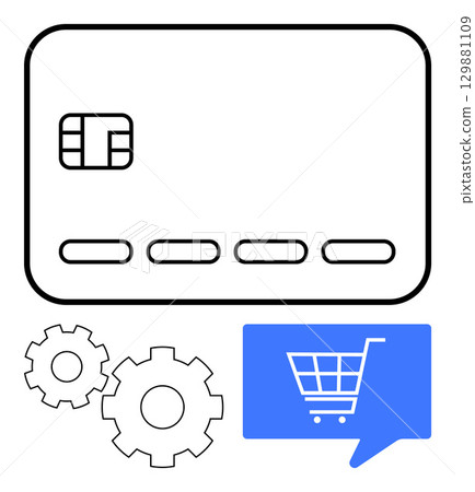 Credit card icon with an embedded chip, four placeholder dots, two gear icons, and a blue shopping cart icon in a chat bubble. Ideal for digital payments, e-commerce, financial technology, online 129881109