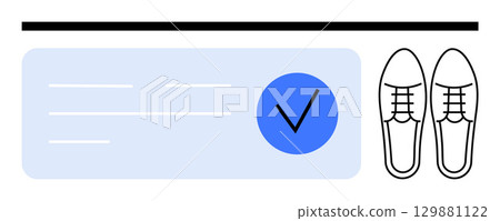 Stylish outlined shoes next to a light blue rectangular block with a blue checkmark. Ideal for online shopping, fashion, approval process, e-commerce, retail, branding, quality assurance. Line Stylish outlined shoes next to a light blue rectangular block with a blue checkmark. Ideal for online shopping, fashion, approval process, e-commerce, retail, branding, quality assurance. Line 129881122